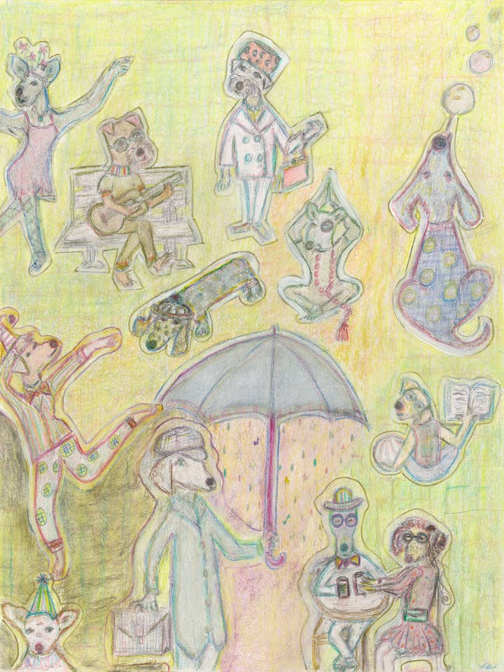 Dog Park Dreams and Dances whimsical illustrated art print for wholesale by Bernie Street Studios