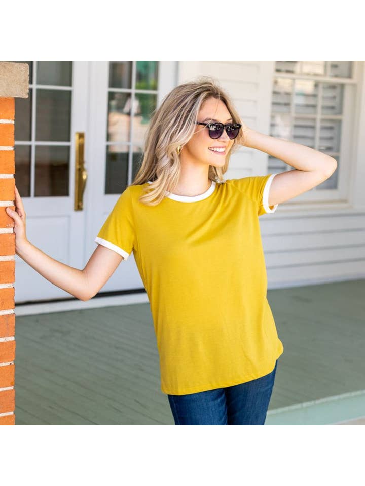 Yellow Trim It Down Short Sleeves Ringer T-Shirt, White And Mustard for wholesale on Faire