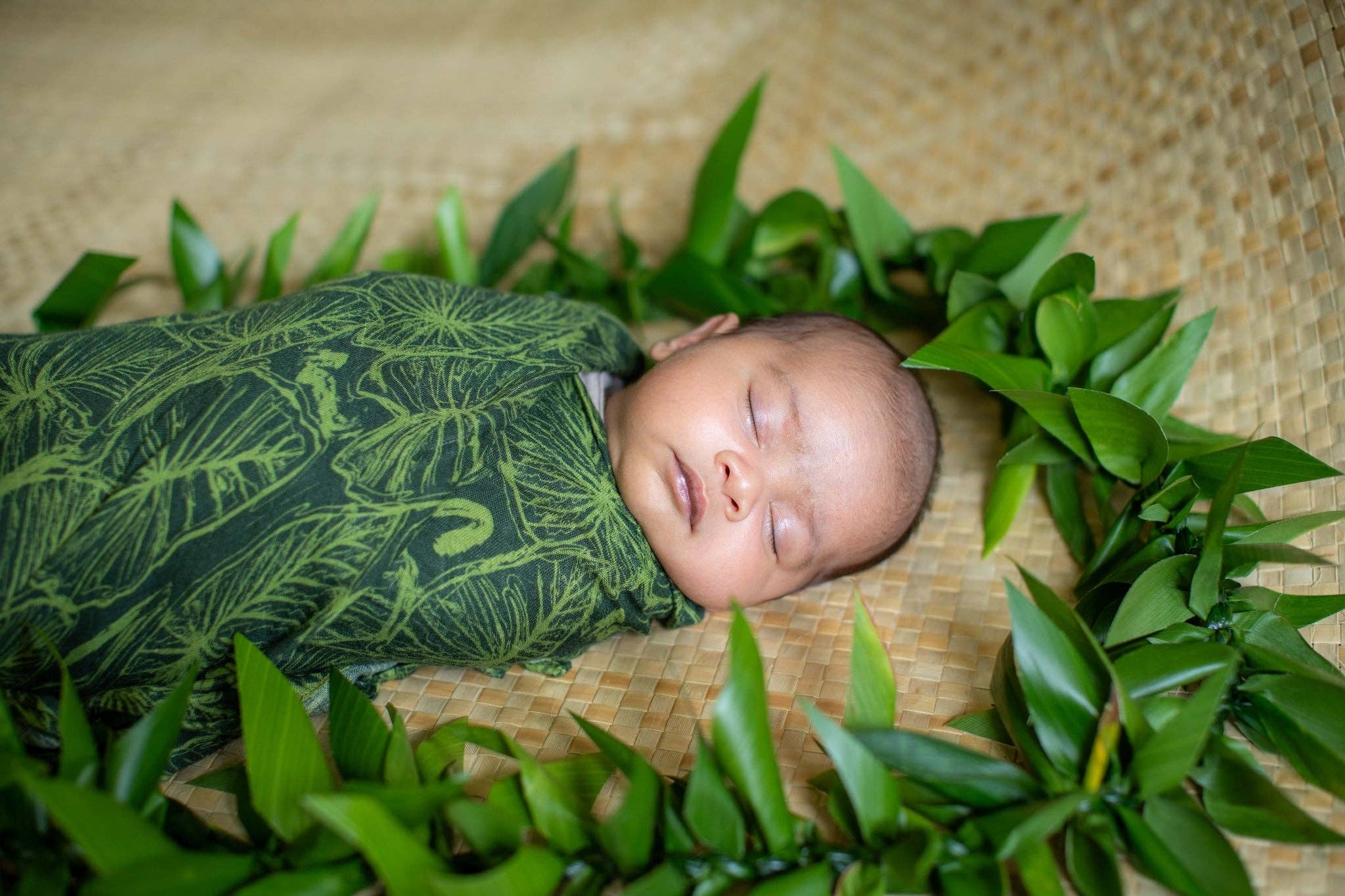 The Keiki Dept - Wholesale Swaddle - Baby - Green Kalo Scribble Kapa Moe - Hawaiian Bamboo Swaddle3