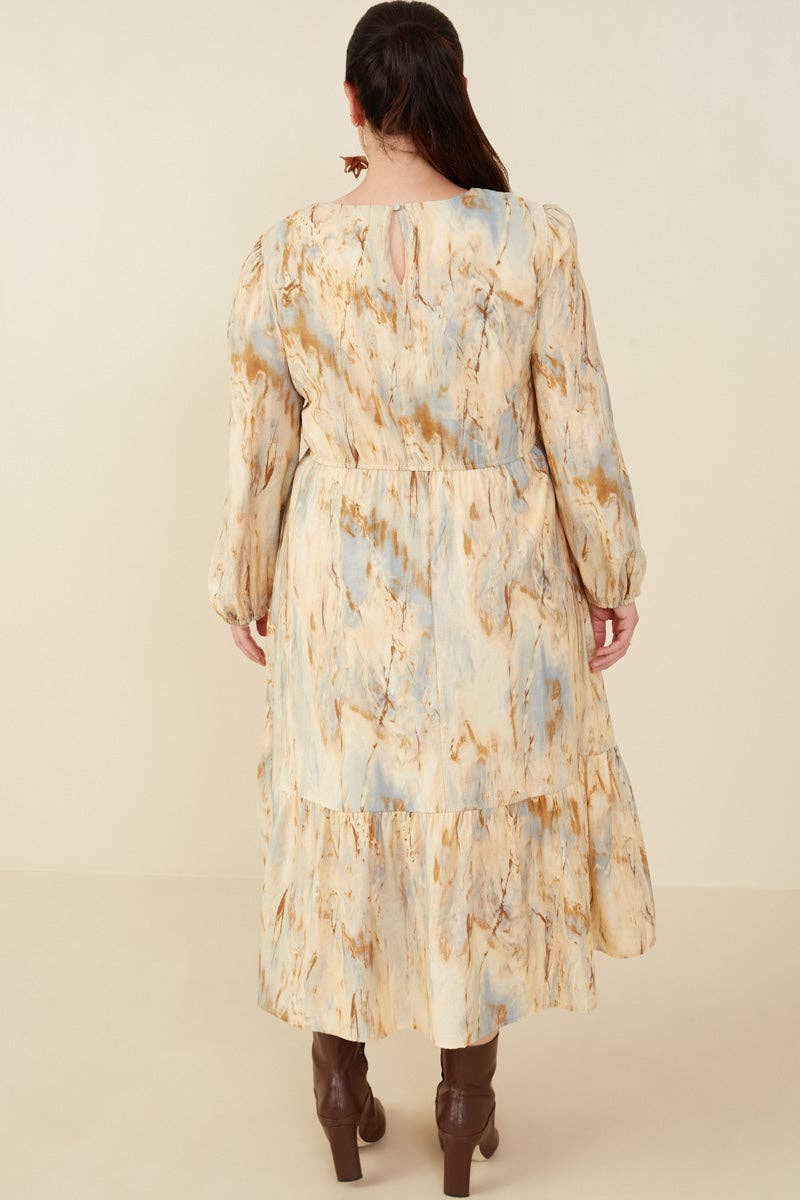 Taupe Womens Oil Print Long Sleeve Gathered Bust Dress for wholesale on Faire10