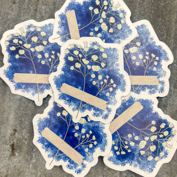 Adesivo in vinile ritagliato a forma di fiori pressati su sfondo blu per la vendita all'ingrosso da parte di Sage & Soil