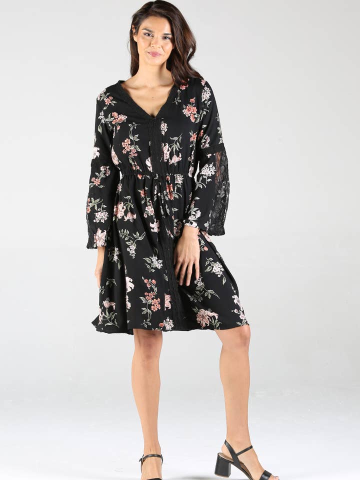 Casual Long Bell Sleeve Printed Dress E1P27-W579 for wholesale by Nostalgia