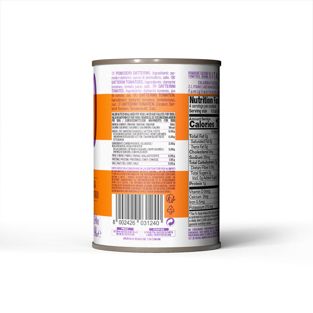 Famiglia Crispino - Venta al por mayor Salsas - TOMATES DATTERINI EN JUGO DE TOMATE 400g -SIN ÁCIDO CÍTRICO1