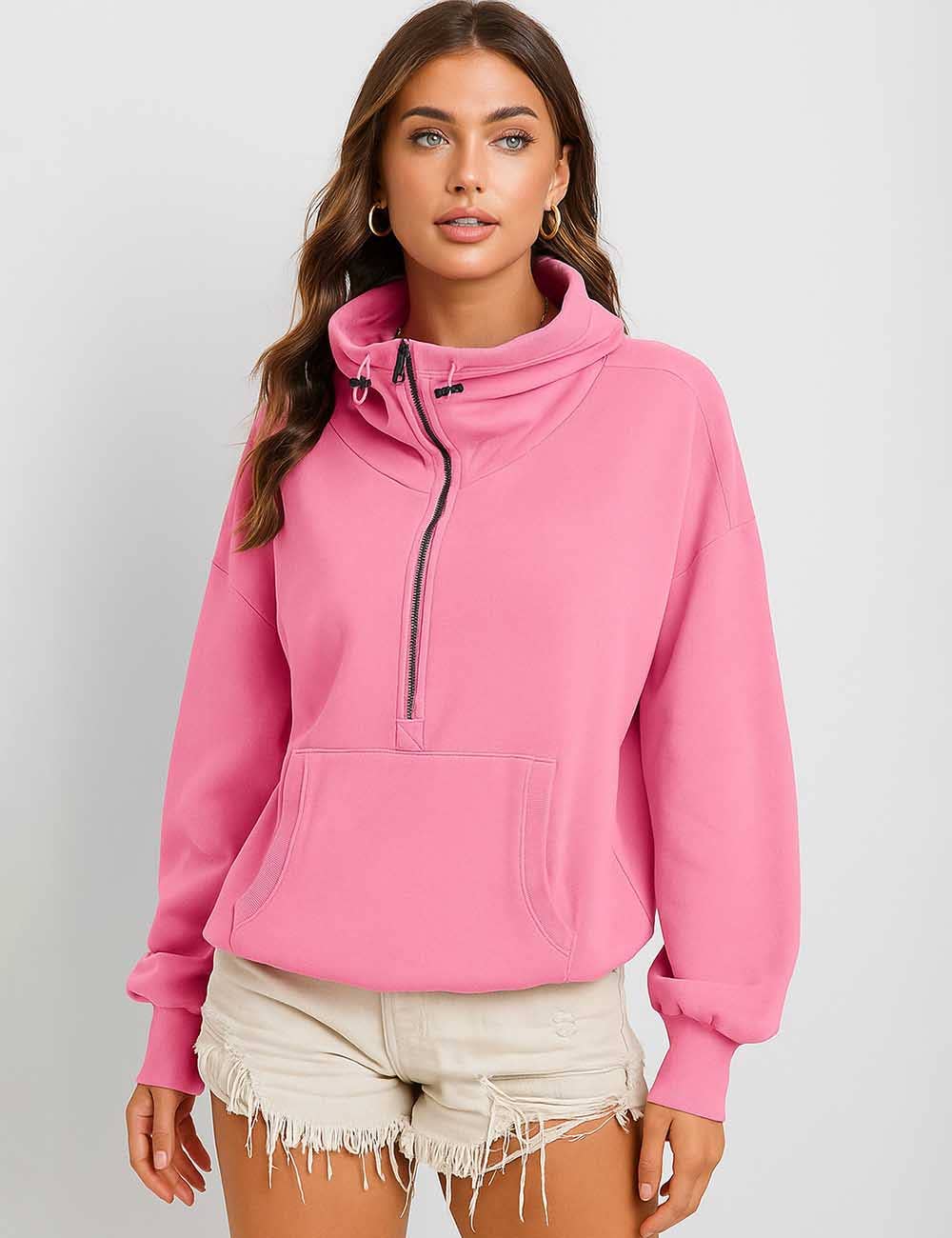 Sweetkama - Wholesale Hoodie - Women's - Ladies Long Sleeves Zip Collar Pocket Hoodie EWQD13