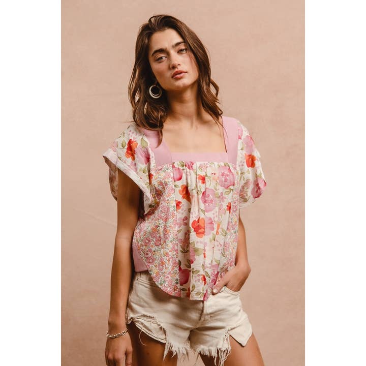 IVE - Wholesale Knit Top - Women's - FLORAL PRINT MIX AND MATCH SQUARE NECK TOP