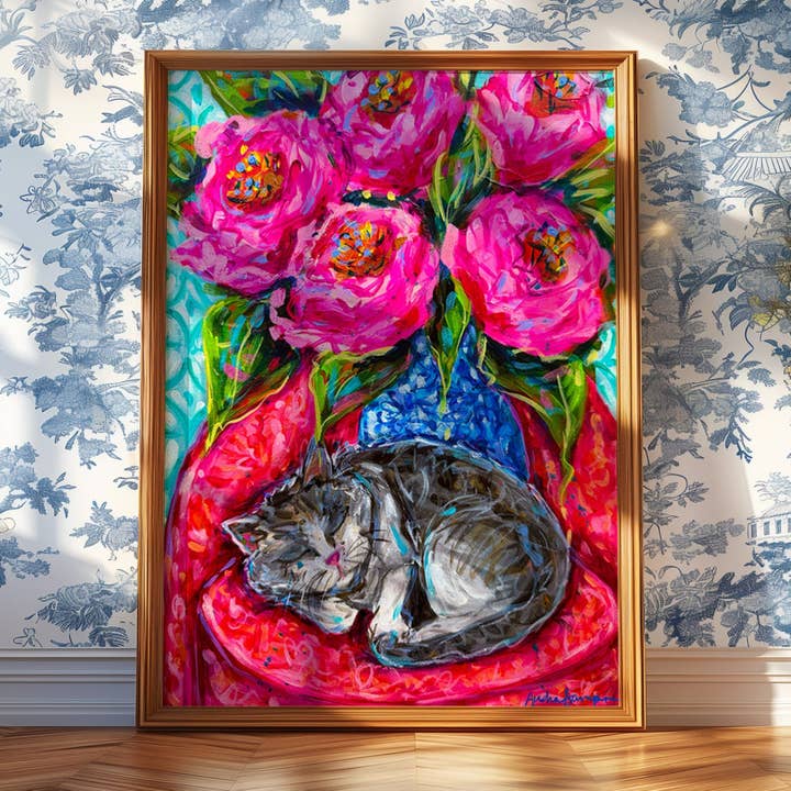 Art floral de bouquet de roses chat endormi, art maximaliste, décoration dopamine, affiche murale colorée de fleurs pour la vente par Audra Style