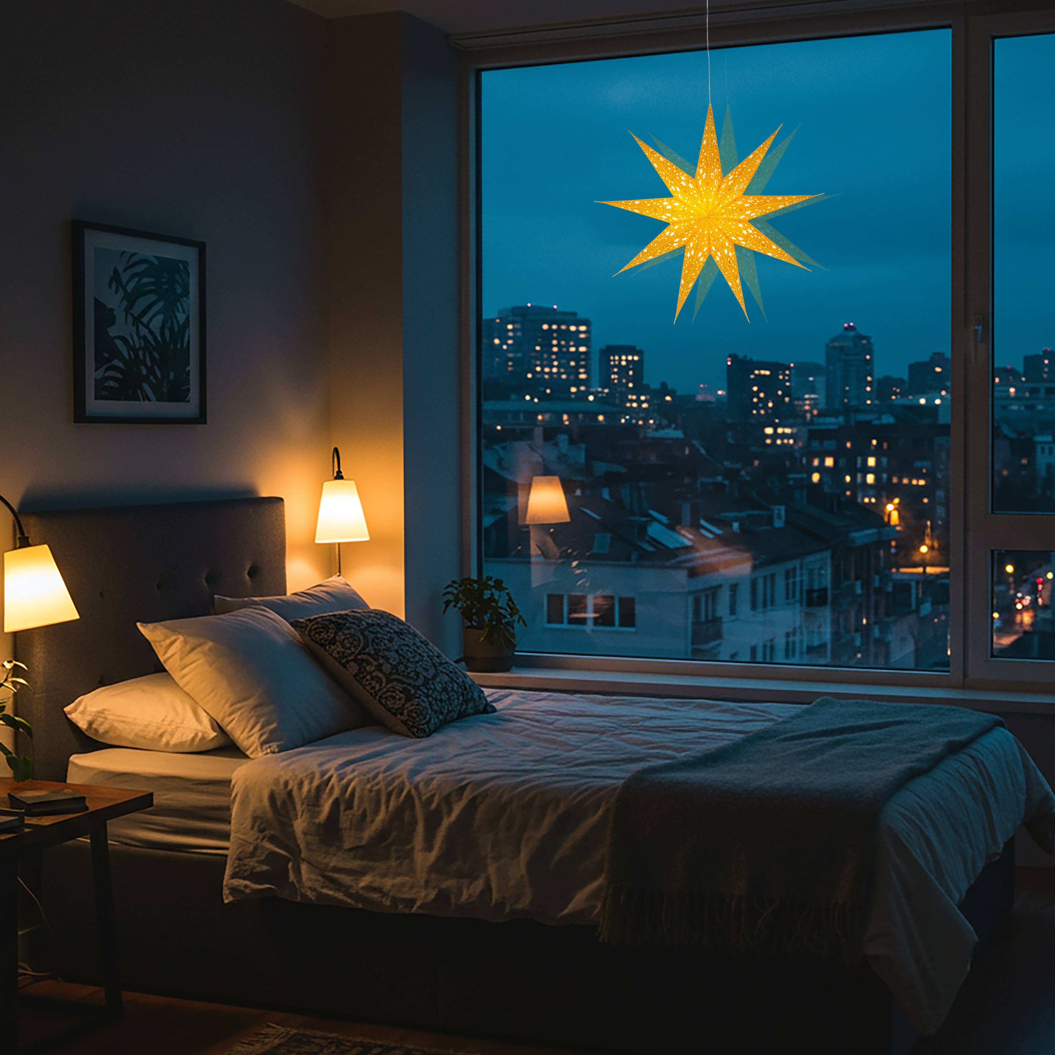 Artschatz LLC - Vendita all'ingrosso Lanterne/lampade di carta - Lanterna a stella di carta dorata con glitter Hrim Star 9 Punti 16"1