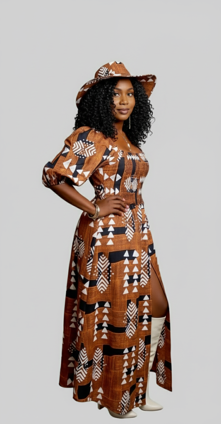 India Batik – wholesale Dress – Women's – Maxi Slit Dress with Hat & Scarf Set SD01 Brown2