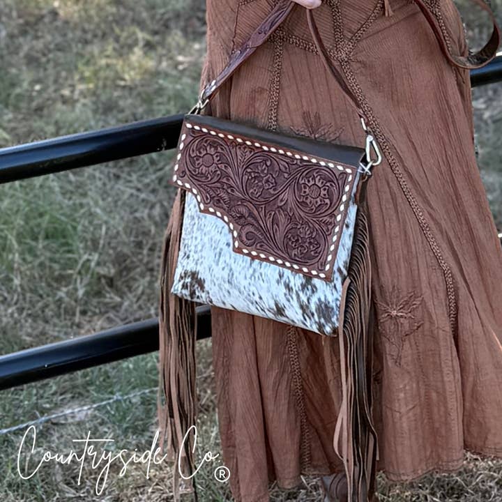 Georgia Western Cowhide Tooled Leather Fringe Purse for wholesale by Countryside Co.