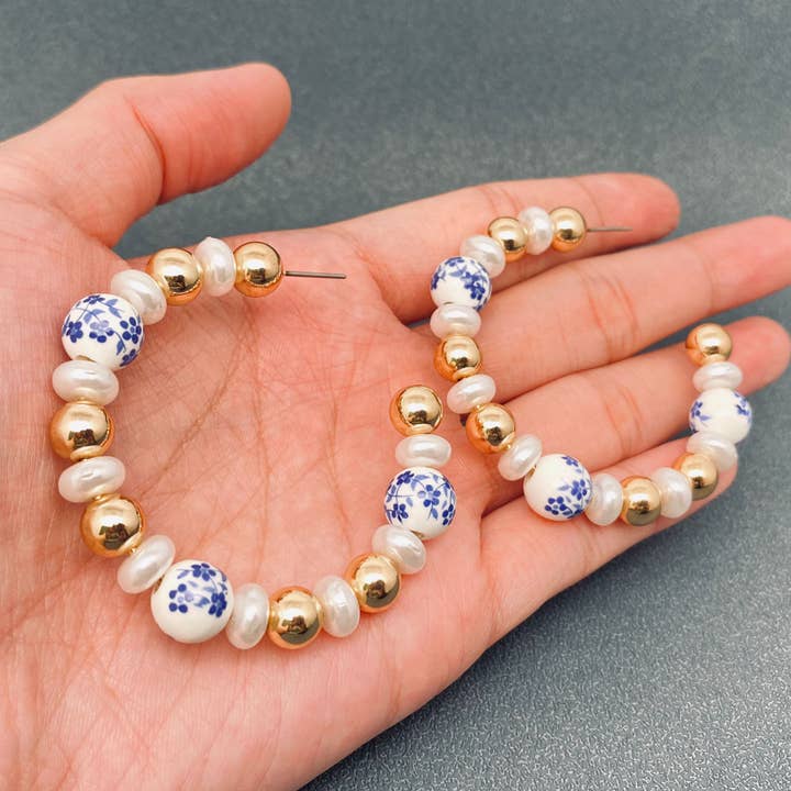 Mio Queena - Wholesale Hoop Earrings - Ceramic Pearl Beaded Hoop Earrings