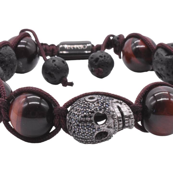 Maskio Bracelet Red Tiger Eyes And Lava Stones With Skull for wholesale by Maskio