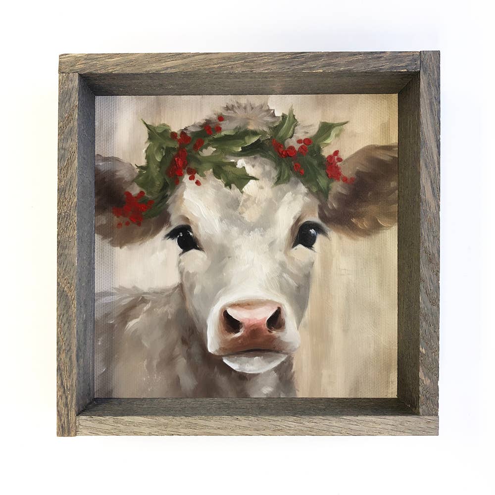 Hangout Home - Wholesale Sign - Baby Cow Holly Berry Crown - Cute Holiday Animal Wall Art