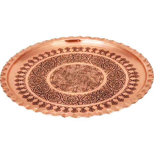 Hakan - Wholesale Serving Tray - Handmade Vintage Round Ottoman Hammered Copper Tray 13.4 in