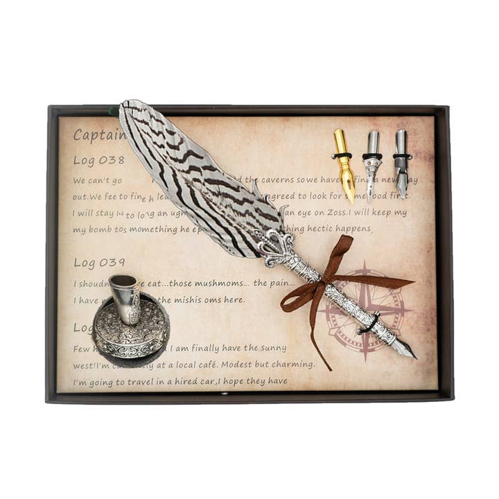 Quill Pen Gift Set With Pen, Stand & 3 Nibs-Snowy for wholesale by Mad Witch Ltd