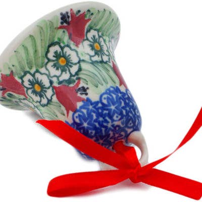 Polmedia Polish Pottery - Wholesale Ornament - Bell Ornament 3" Scarlet Flora Theme UNIKAT1