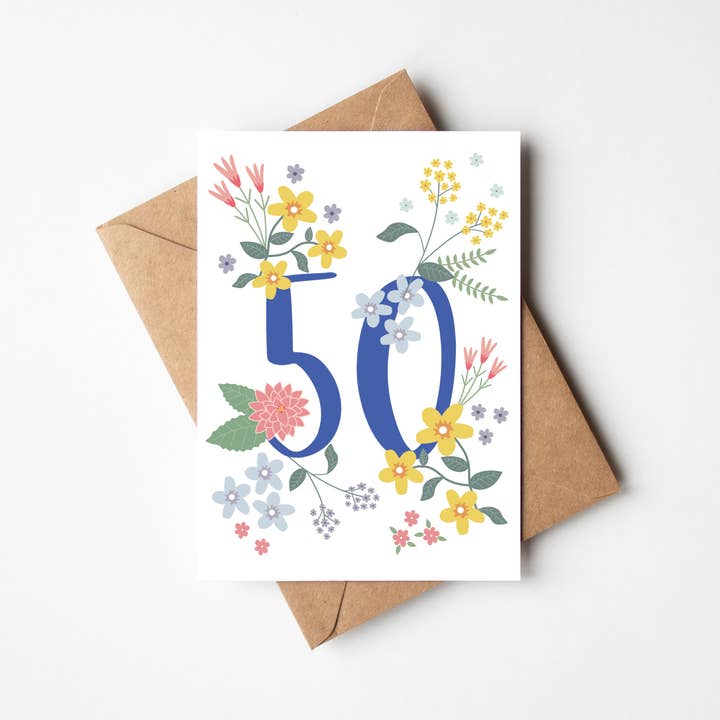 Biglietto pieghevole "50° compleanno fiori / nozze d'oro" per la vendita all'ingrosso da parte di mimie & joe