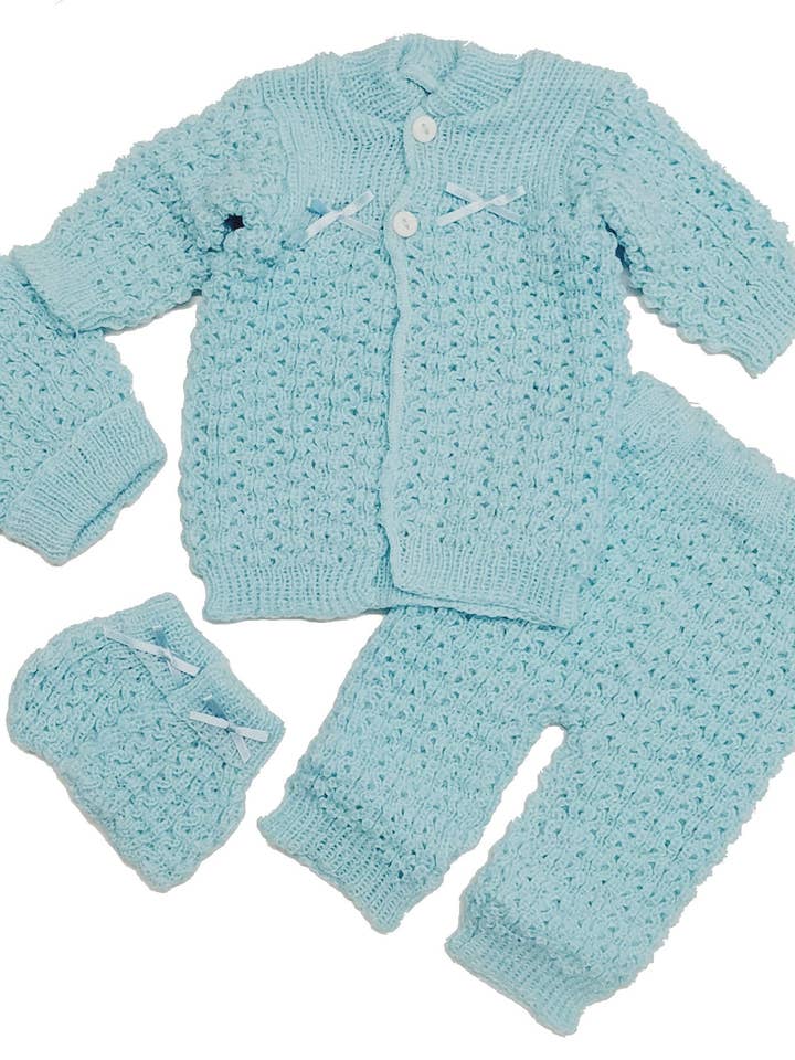 b-one inc - Wholesale Clothing Set - Baby - Wholesale Newborn Crochet Girl Pink Hat Cardigan Sweater Pants Booties 4 Piece Outfit Set