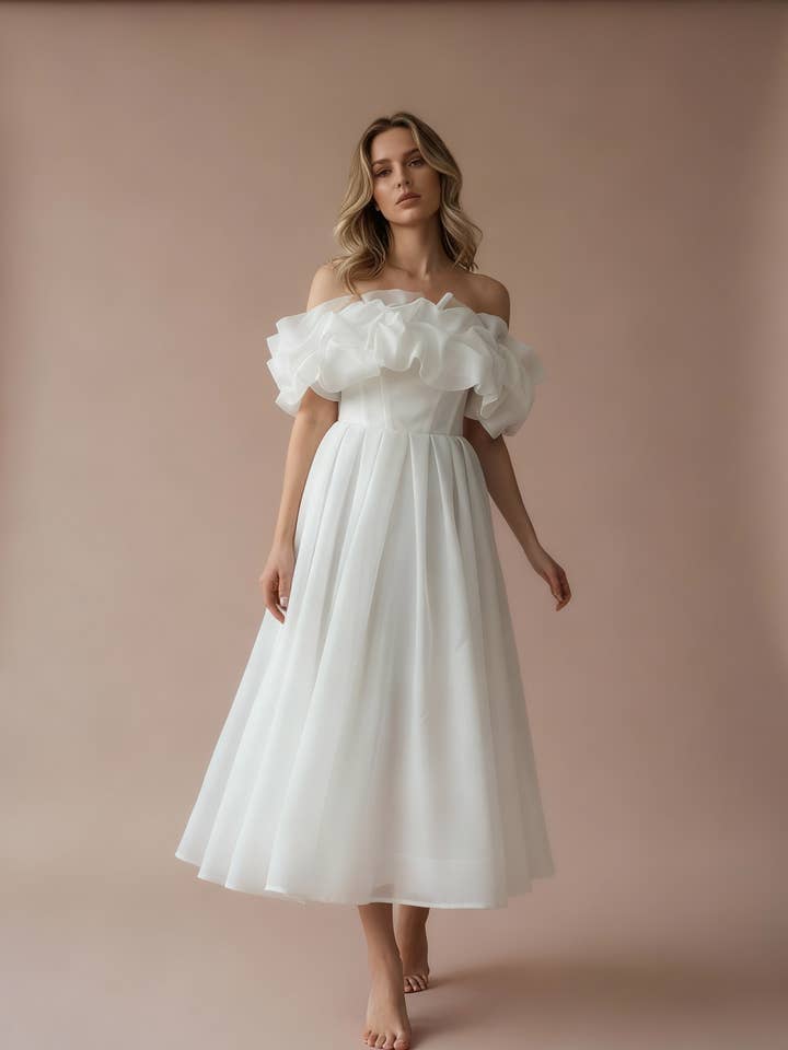 Romantic Ruffled Off-Shoulder Midi Dress in Flowing Organza for wholesale by Blissful Gown
