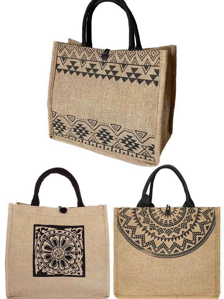 Sac fourre-tout en toile de jute à imprimé tribal bohème pour la vente par Cap Zone