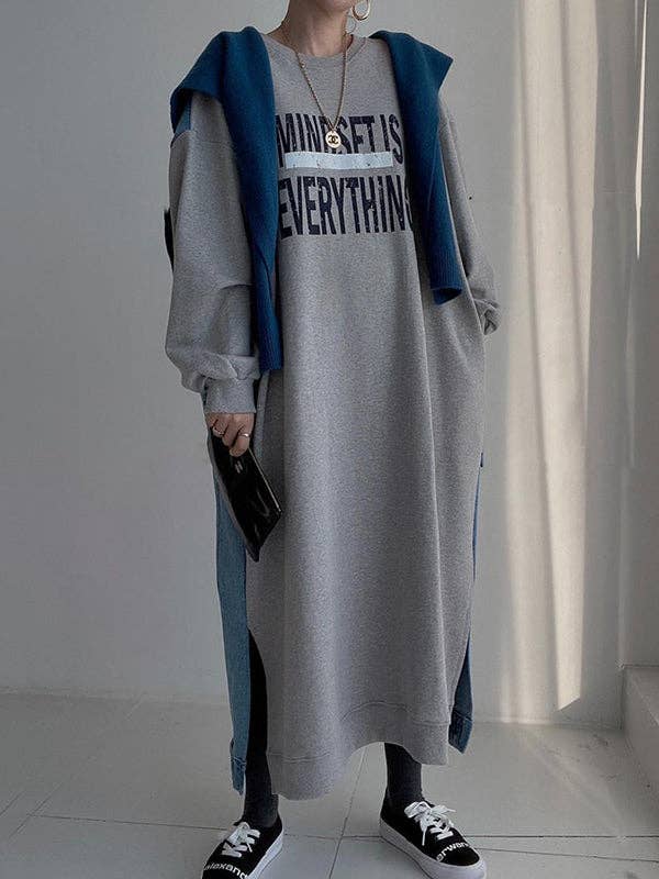 StyleGalX - Vente Robe – femme - Robes midi amples originales à manches longues et à col rond et imprimé de lettres0