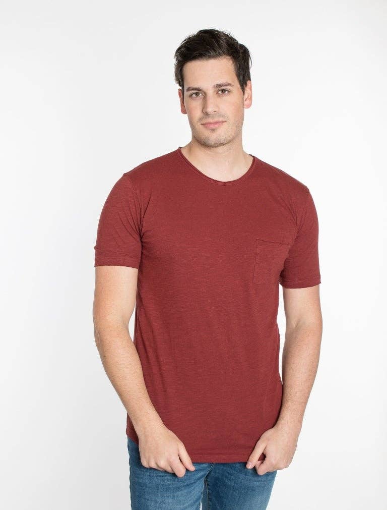 BURGUNDY MEN'S SLUB CREW NECK T-SHIRTS WITH POCKET for wholesale on Faire