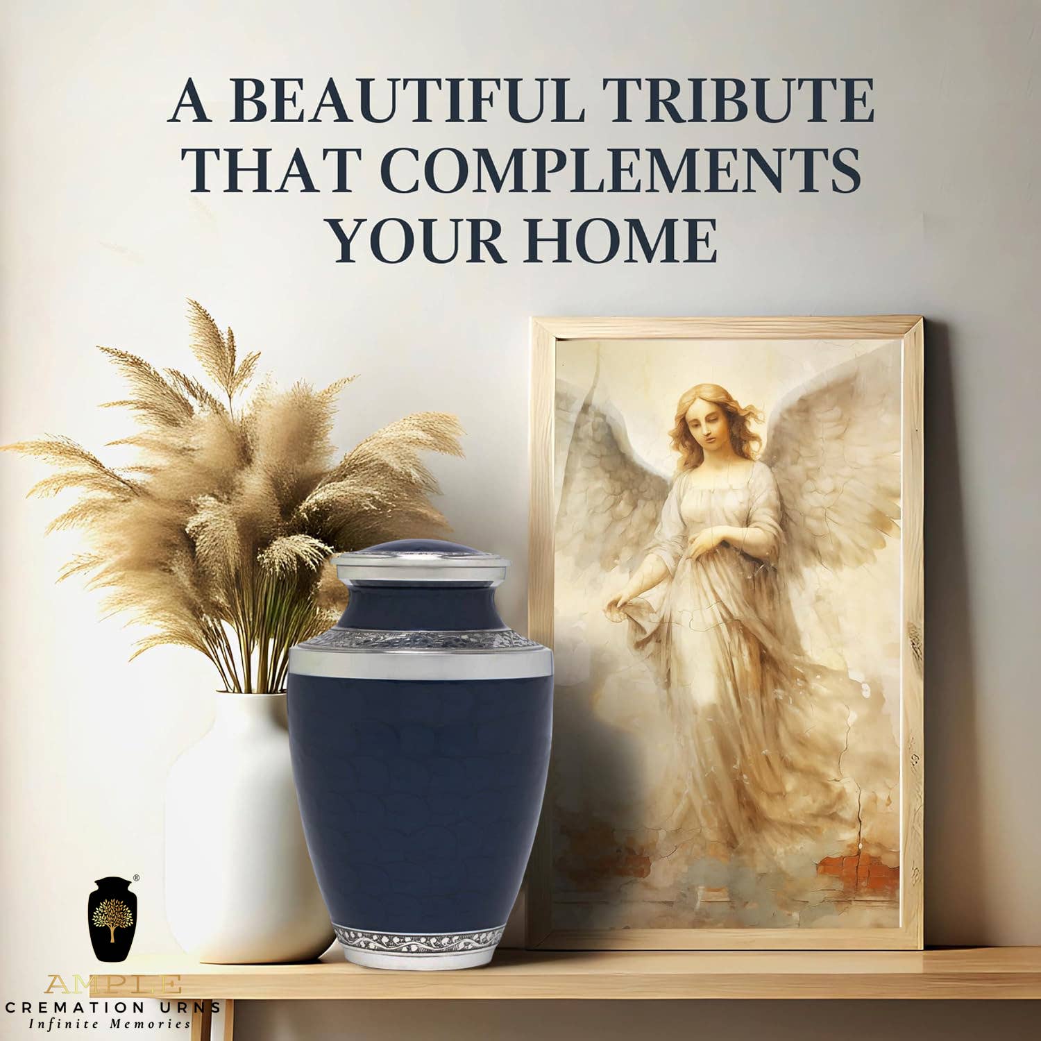 Ample Cremation Urns - Vendita all'ingrosso Urne - Urna Cineraria in Ottone Argento e Blu Profondo – Incisione Floreale a Mano6