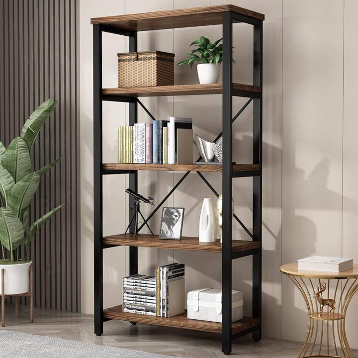 ShipItFurniture - Wholesale Bookcase - 5 Tier Industrial Solid Wood Bookshelf with Metal Frame
