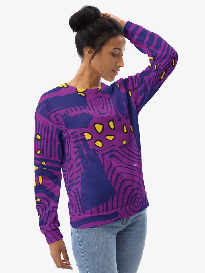 Recycled Fleece Sweatshirt "Electric Maze" Purple/Yellow for wholesale by Loony Legs