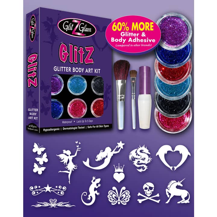 GlitZGlam - Wholesale Body Glitter/Shimmer - Glitter Tattoo Kit- NEW GLITZ -with 6 Glitters & 12 Stencils