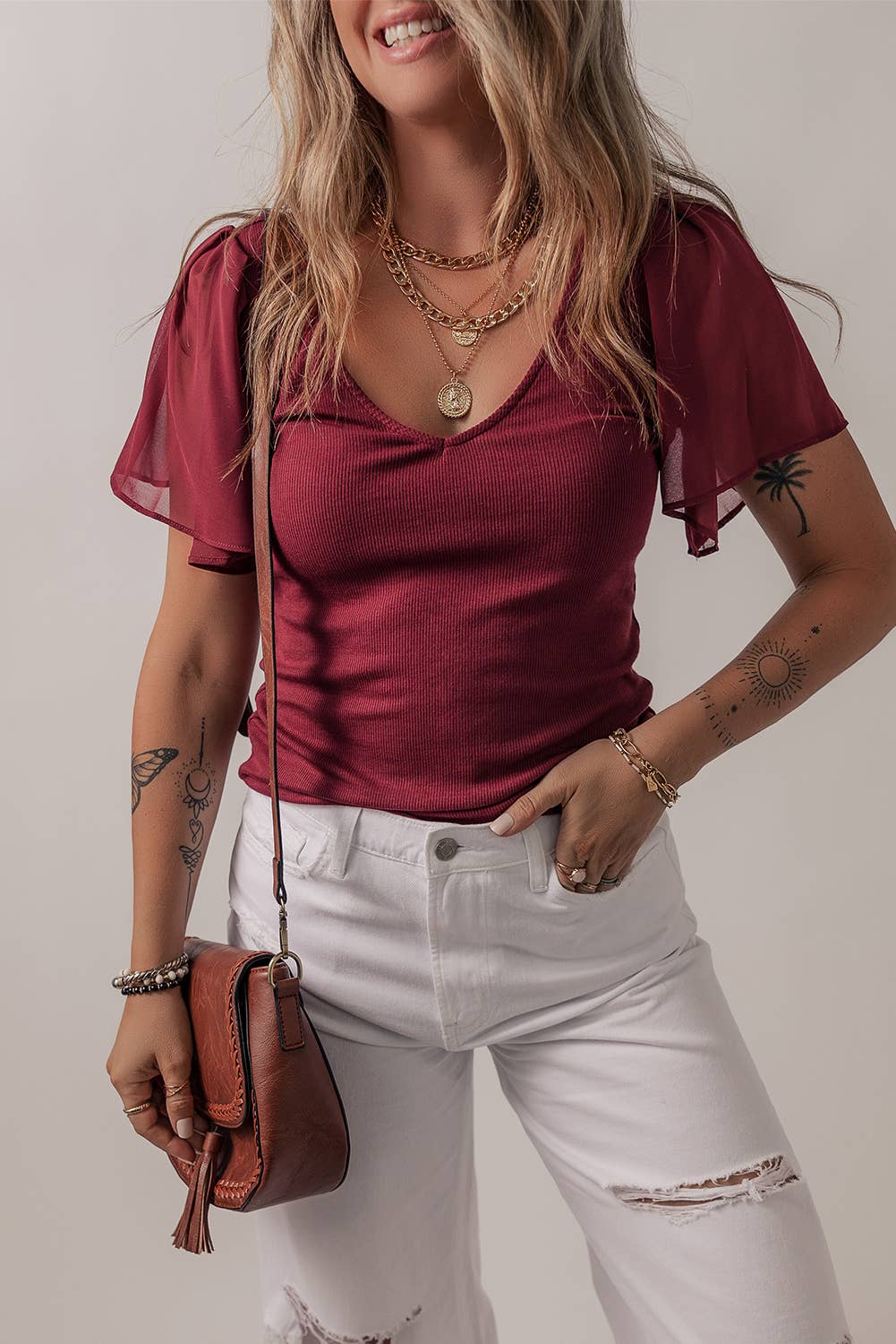 FULL TIME PURCHASE - Wholesale Blouse - Women's - Mesh Ruffled Sleeve Slim Fit V Neck Top