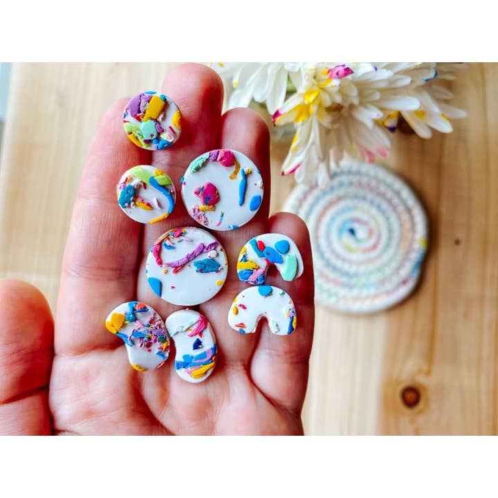 Confetti Studs Medium: Handmade Polymer Clay, Abstract Earrings, No Waste Jewelry, Rainbow Earring, Quirky Jewelry, Medium Stud Earring for wholesale by Lauren Likes Art
