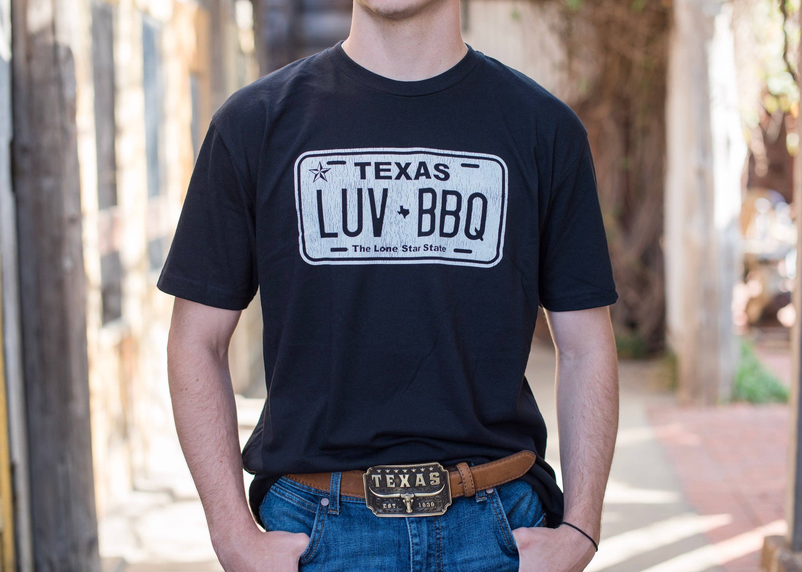 Black Texas LUV BBQ T-Shirt for wholesale on Faire2