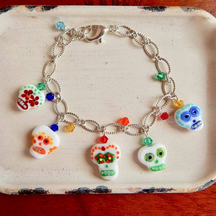 Sugar Skull Charm Bracelet - Day Of The Dead for wholesale by The green antique trunk