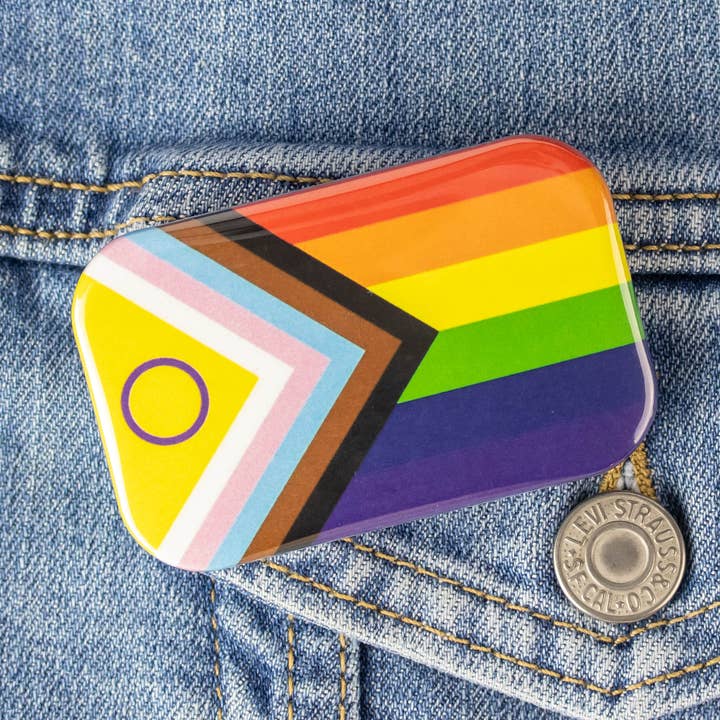 Progress Pride Flag Button with Intersex Inclusion for wholesale by Ifs, Ands, Or Buttons