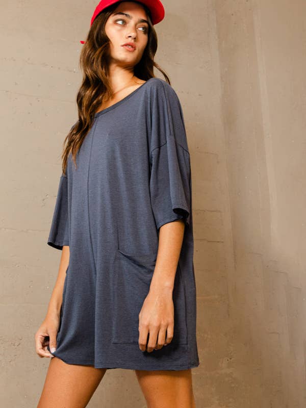 BUCKETLIST - Wholesale Romper - Women's - R5388 Crew Neckline V-back Oversized Solid Romper19