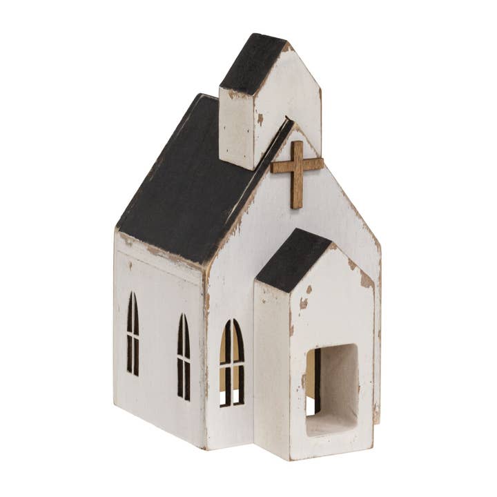 The Hearthside Collection - Wholesale Decorative Tabletop Object - Distressed White Wooden Church Sitter