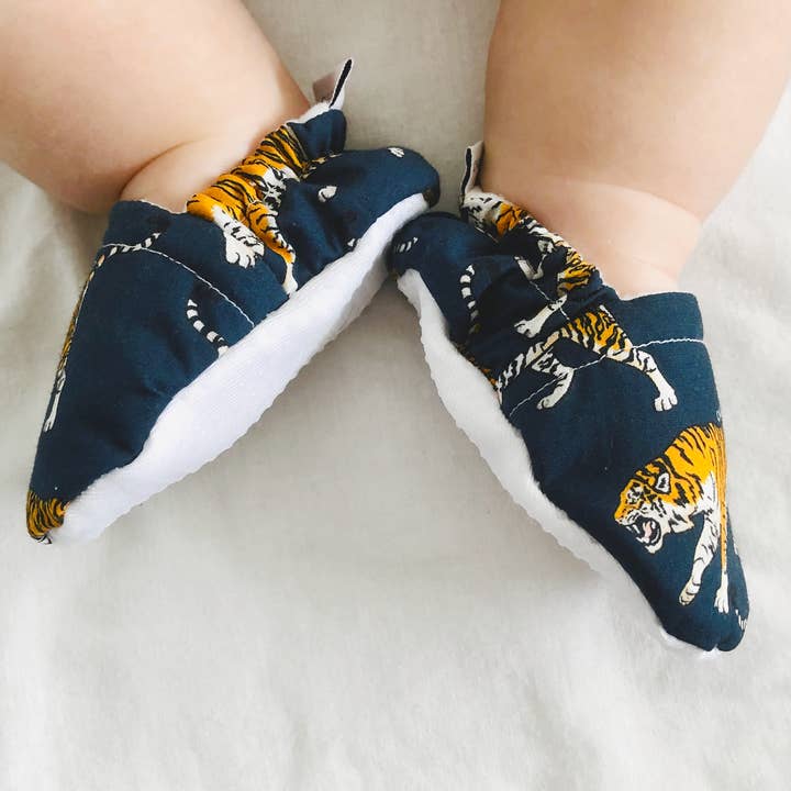 Navy Tiger Baby Booties for wholesale by Chuckles & Caz
