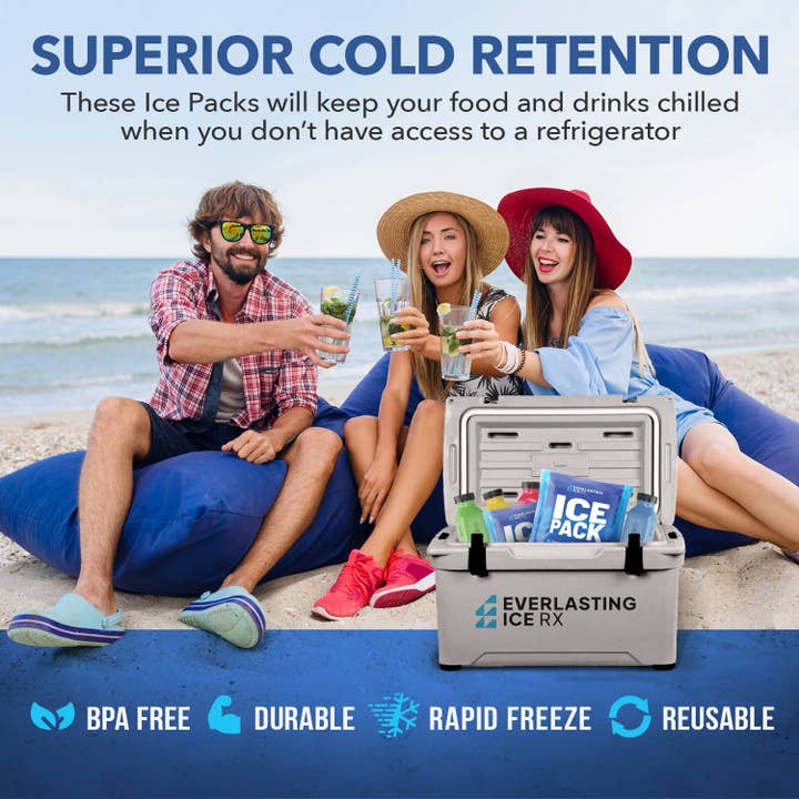 Everlasting Ice RX - Wholesale Ice Pack - Rapid Performance Reusable Ice Packs for Coolers or Lunch Box | 4 Pack | Cold for Up to 12 Hours | Ice Packs for Cooler, Long Lasting for Camping, Beach