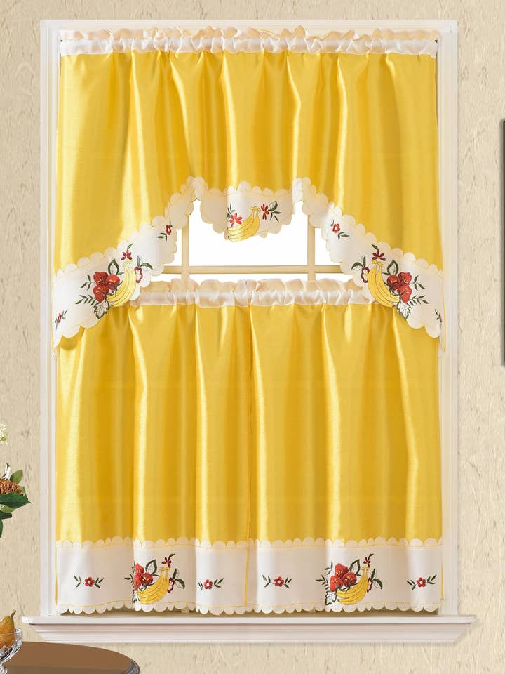 Rideau de cuisine avec poche en forme de tringle brodée, 3 pièces, filtre à lumière pour la vente par Jenin Home Furnishing Inc