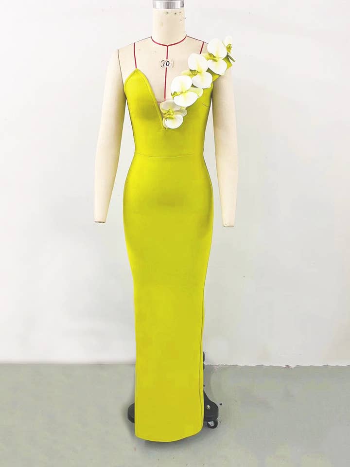 SY142 Elegant Chartreuse One-Shoulder Floral Bandage Gown for wholesale on Faire2