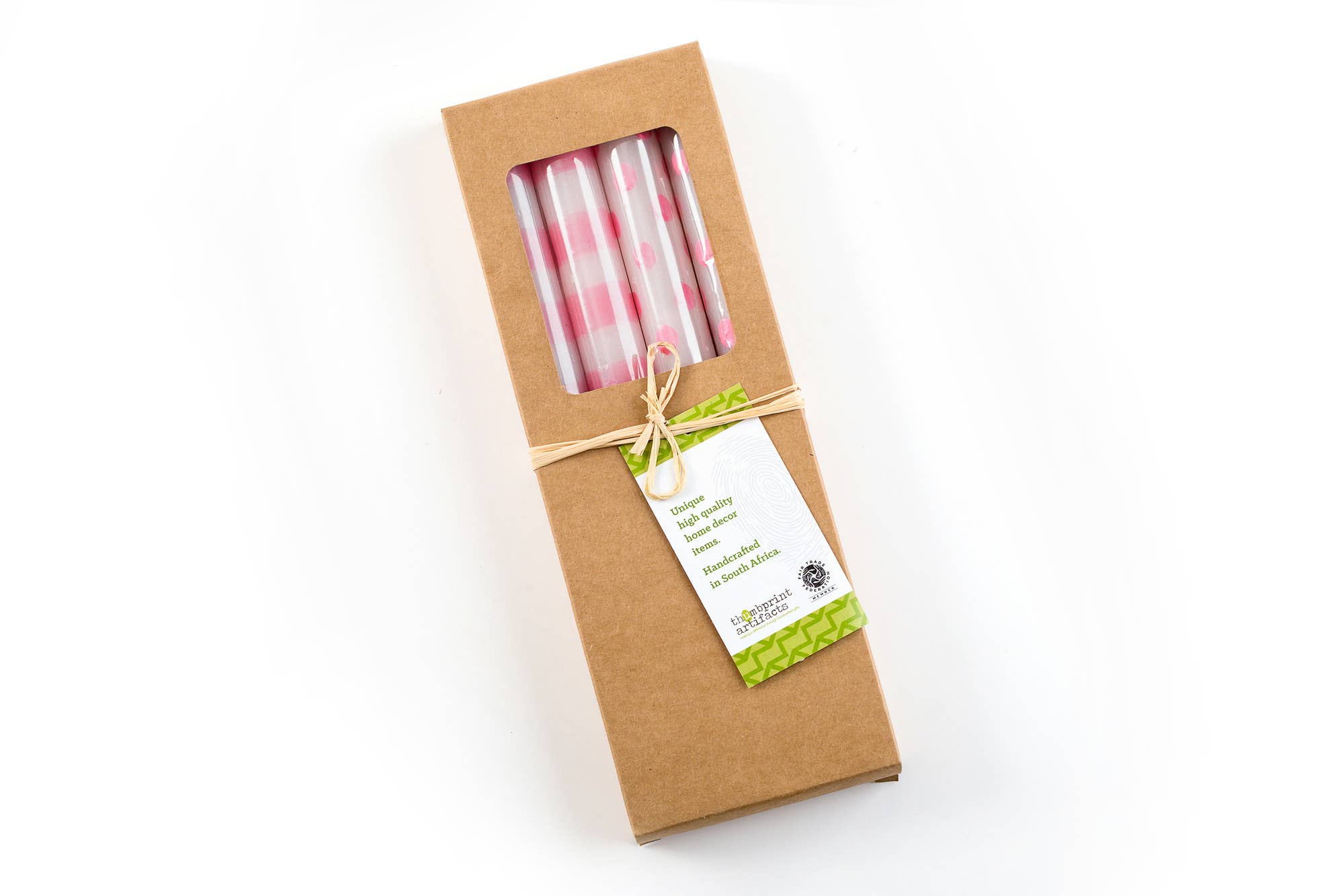 Thumbprint Artifacts - Wholesale Tapered Candle/Candlestick - Pink Dots & Stripes Tapers - Gift Box of 41