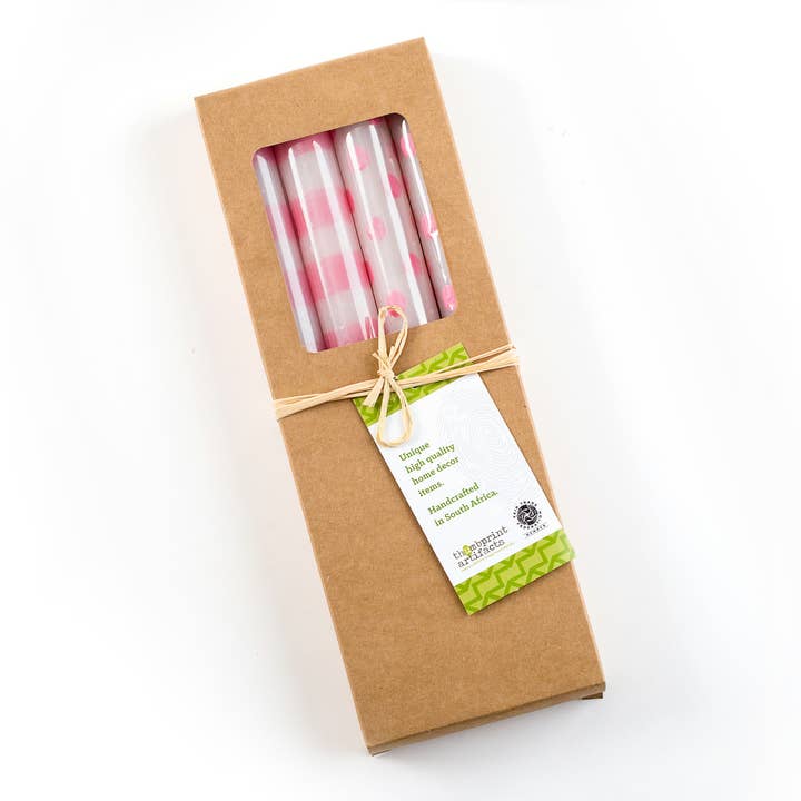 Thumbprint Artifacts - Wholesale Tapered Candle/Candlestick - Pink Dots & Stripes Tapers - Gift Box of 41