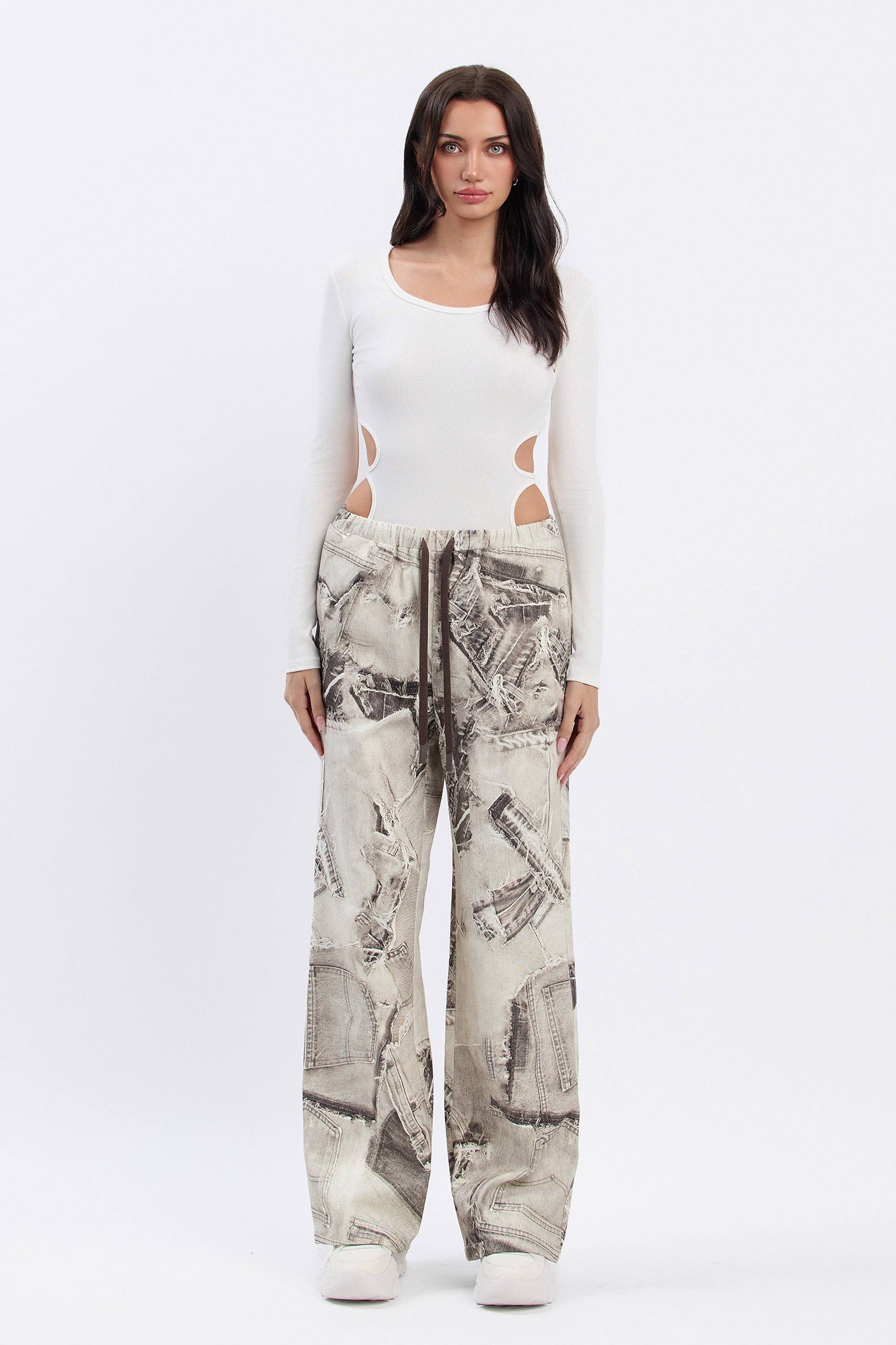 No Vacancy - Wholesale Pants - Women's - Denim print wide legged pants w/ drawstring10