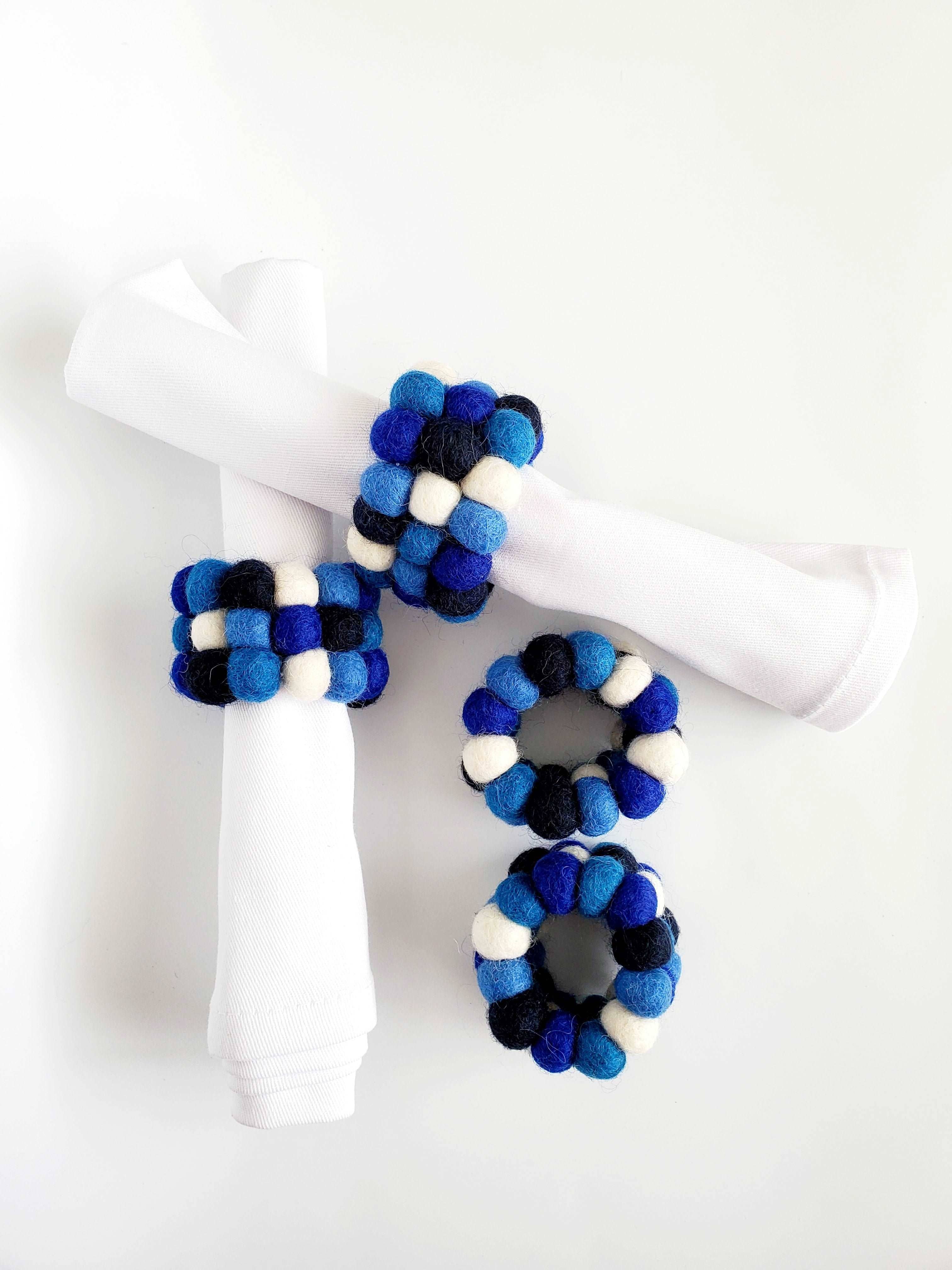 Global Groove Life - Wholesale Napkin Ring - Mediterranean Blue Wool Felt Handmade Pom-Pom Napkin Rings0