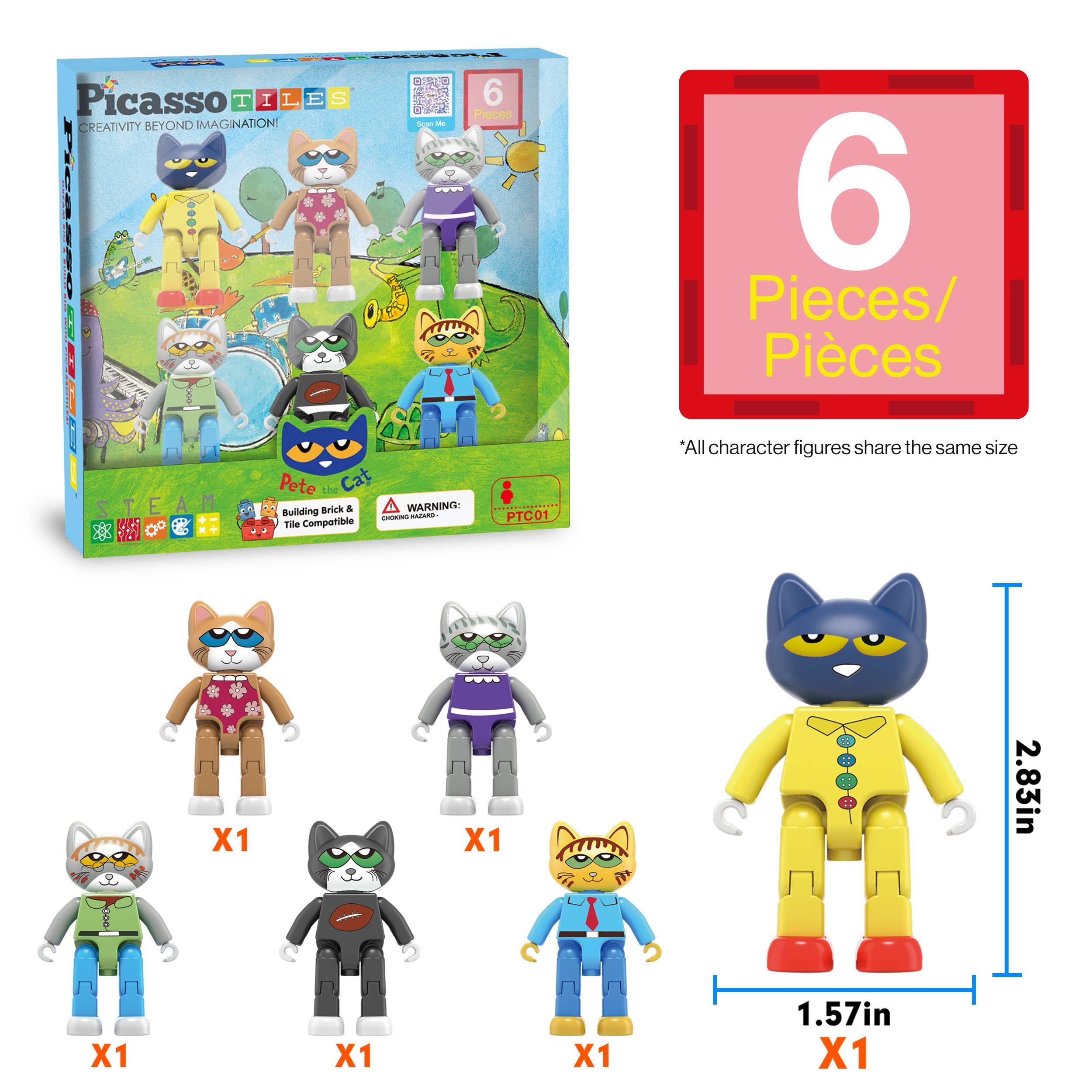 PicassoTiles - Wholesale Building Set - Kids - PicassoTiles 6pc Pete The Cat Magnetic Tile Characters2