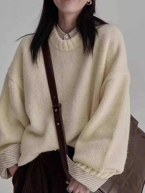 Whisper Mint - Wholesale Knit Sweater - Women's - Chic Oversized Vintage Round Neck Knit Sweater