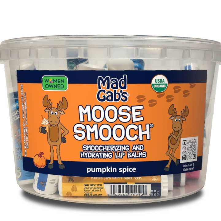 48pc Organic Moose Smooch Pumpkin Spice Lip Balm bin for wholesale by Mad Gab's