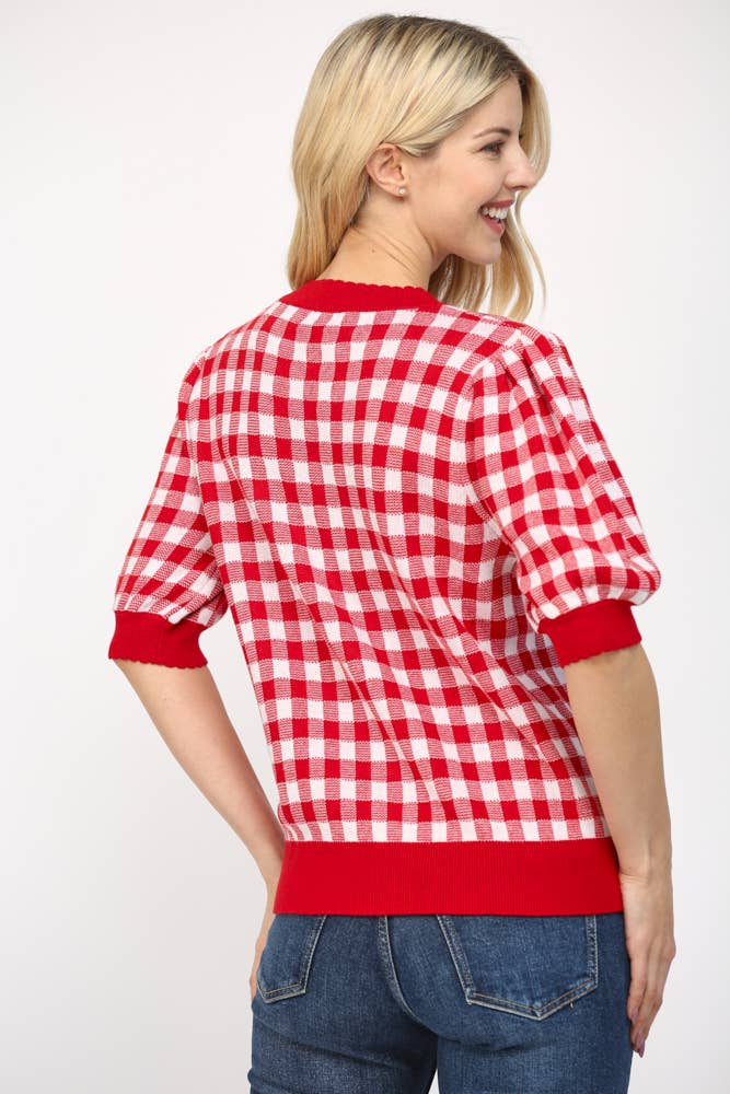 ROSSO/BIANCO CARDIGAN CORTO A FANTASIA GINGHAM CON BORDI A ONDA FW10334 in vendita all'ingrosso su Faire4