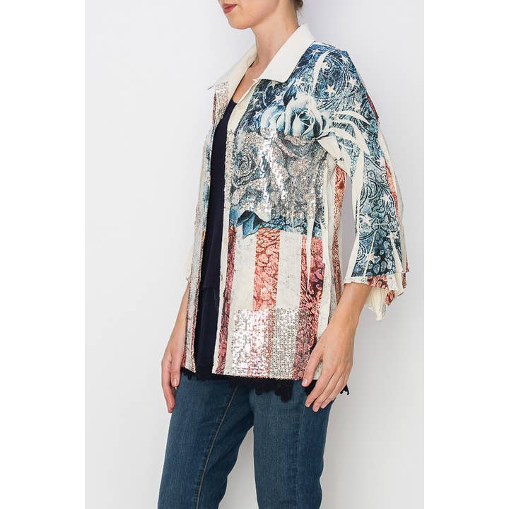 Lightweight Sequin and Lace Detailed Button-Up Blouse - 4718BG PAT ROSE for wholesale by Origami Apparel ~ Lace and Crochet inspired