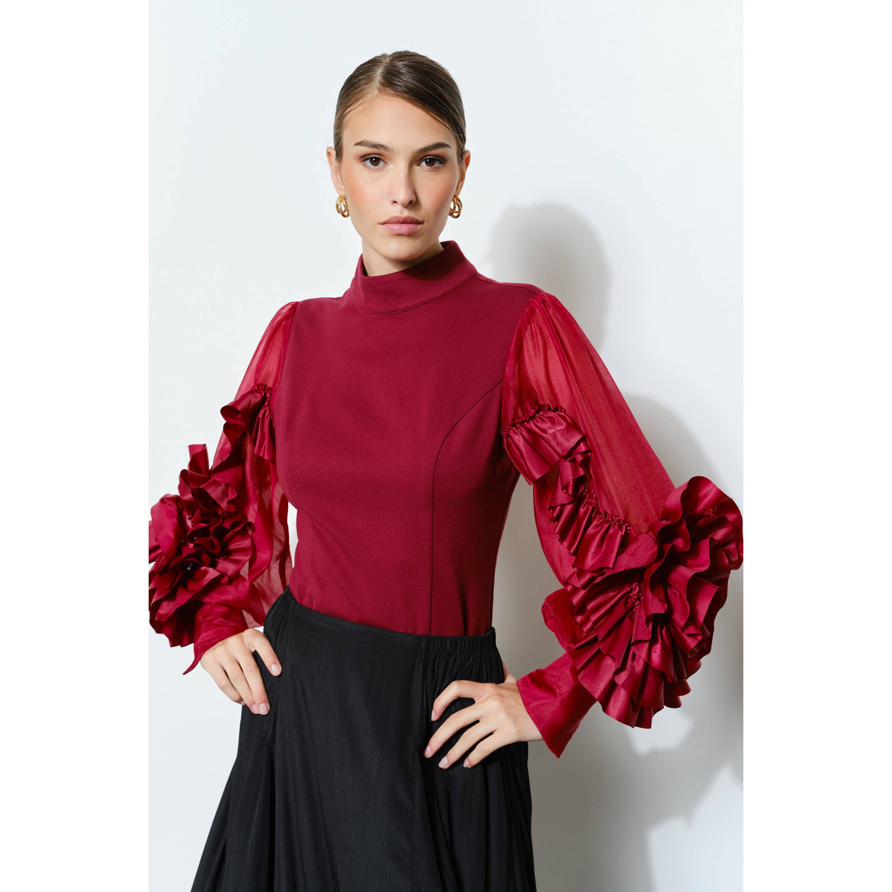 INA - Wholesale Blouse - Women's - Rosette Ruffle Sheer Sleeve Jersey Top8